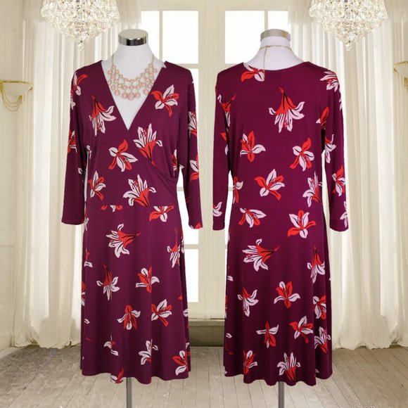 Leota Dresses & Skirts - Leota Plum Floral Wrap Bust Dress Size XL
